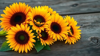 Vibrant sunflowers on a rustic wooden surface, bathed in warm natural sunlight with a soft blurred background.