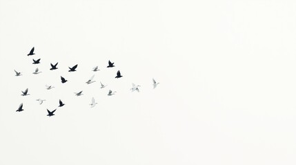 flock of birds flying silhouetted against a white sky