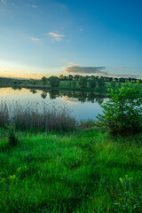 A peaceful summer afternoon on a calm lake, with the clear blue sky and clouds reflecting on the water, and a wide green shoreline with a distant treeline