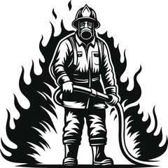 Brave Firefighter Surrounded by Flames Silhouette Illustration Bold and Heroic Depiction