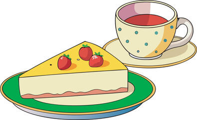 Slice of cheesecake with strawberries and tea isolated on a white background