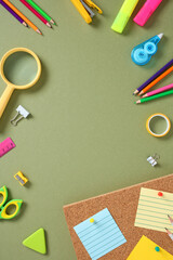 Colorful stationery assortment on green background with corkboard and sticky notes. Includes...