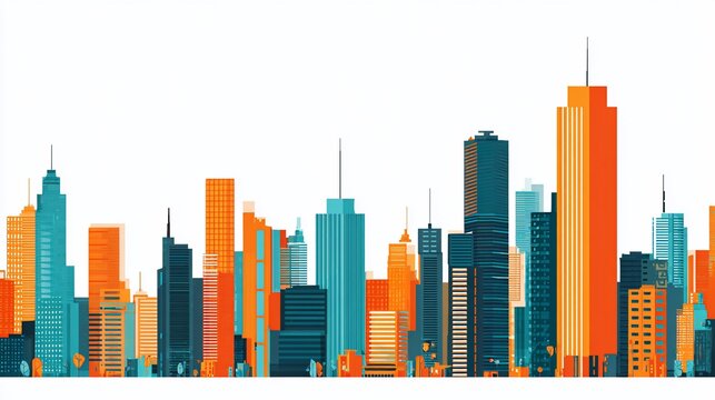 Colorful urban landscape featuring modern architecture, vibrant with teal and orange