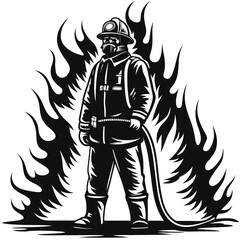 Brave Firefighter Surrounded by Flames Silhouette Illustration Bold and Heroic Depiction