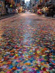 Obraz premium a street view covered in a blanket of colorful confetti illustrating the aftermath of a vibrant celebration