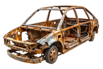 rusty abandoned car frame in a scrap yard - isolated on a white background PNG. GENERATIVE AI