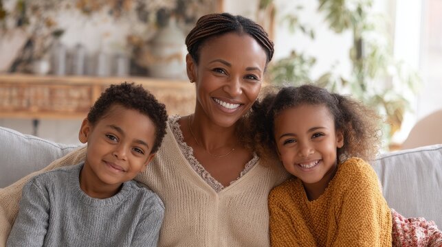 portrait of mature happy mature mother with son and daughter looking at camera middle aged black woman with two children sitting on couch at home while smiling beautiful ethnic family relaxing no log