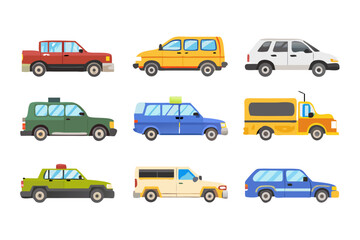 Fototapeta premium Collection of colorful cartoon vehicles on a black background