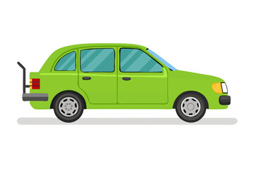 Green station wagon car with open trunk and luggage rack