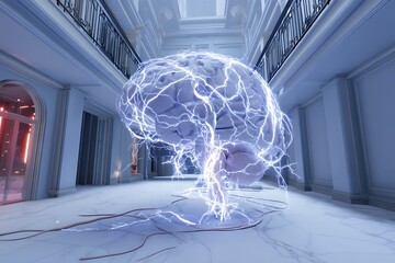 Artificial intelligence concept with a glowing brain in a hallway, representing the future of technology and neural networks