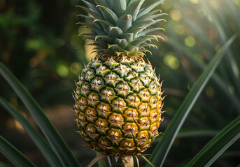 Fototapeta premium Side profile of pineapple with natural lighting in outdoor setting
