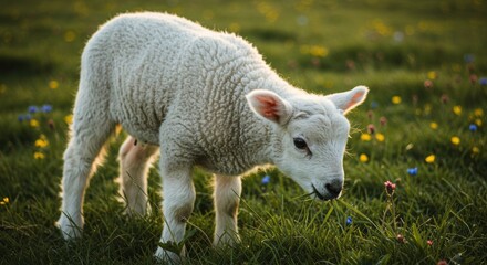 Obraz premium Adorable fluffy lamb grazes on green meadow with wildflowers bathed in warm golden hour sunlight