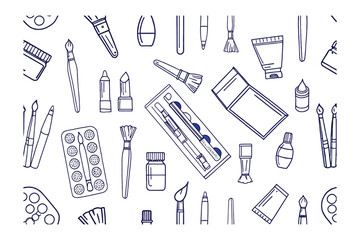 Artistic Tools: A detailed line drawing showcases a variety of art tools essential for creative expression, highlighting the brushes, tubes, palettes.