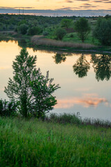A shot of a calm lake at sunset, with the water reflecting golden and pink hues. A prominent green tree frames the view of the lake and the hilly, tree-lined bank under soft colors.