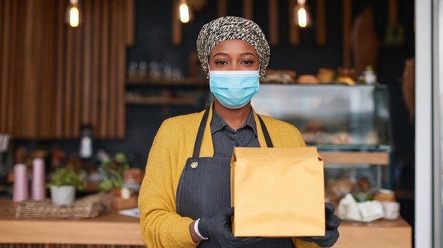 african american hipster waitress wearing face mask and gloves holding takeaway food order in hands giving bag standing in cafe coffee shop worker offering takeout safe restaurant take away delivery  - Powered by Adobe