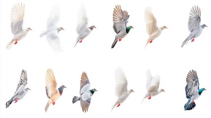 Obraz premium Flocks of flying pigeons isolated on white background. Clipping path.
