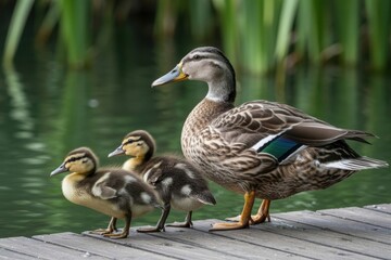 A mother duck and her ducklings gathered on a wooden boardwalk beside a serene pond
