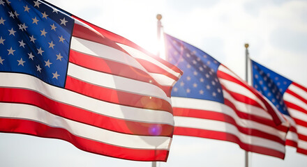 American Flags Waving in Sunlight – USA Patriotic Symbol
