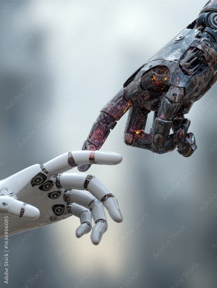 Poster robot and android hands touching