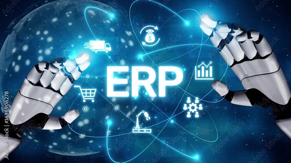 Poster erp platform visual showing centralized system for enterprise resource planning, improving integrati