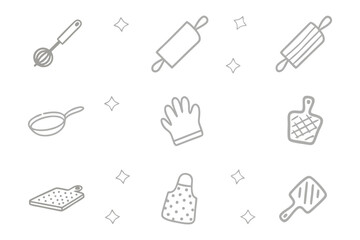 Kitchen Utensils Sketch: Hand-drawn illustrations of essential kitchen tools, a minimalistic and charming representation of culinary elements for home cooking and baking.
