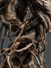 a close up of tree roots that are black and brown the roots are twisted and gnarled giving the impression of a tangled mess scene is one of mystery and intrigue