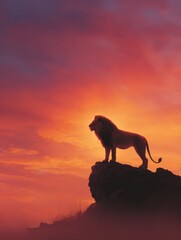 a majestic lion stands atop a rock silhouette against a vibrant sunset showcasing the beauty of wildlife and the power of nature