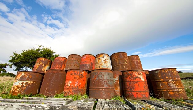 Rusty oil drums stacked outdoors - Powered by Adobe