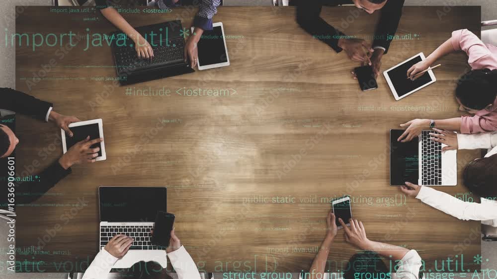 Poster a modern office setting featuring a diverse team engaged in collaborative discussions, utilizing lap