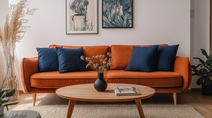 Modern living room with orange couch