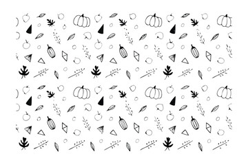 Fototapeta premium Thanksgiving Feast: A delicate hand-drawn pattern showcasing a delightful arrangement of pumpkins, leaves, and seasonal elements, ideal for expressing gratitude and the warmth of the season.