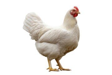 Fototapeta premium A pristine white hen stands proudly against a clean white background showcasing its feathers and form