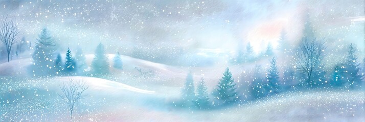 Dreamy Watercolor Winter Wonderland &ndash; Icy Christmas Landscape Background