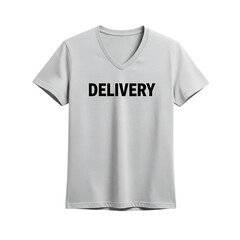 Grey vneck tshirt with black delivery text isolated on transparent background