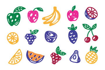 Fresh Fruits Collection: An assortment of vibrant, hand-drawn fruits bursts with color, showcasing an appealing illustration with artistic simplicity