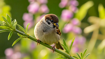Sparrow Perched on Green Branch with Soft Pink Floral Background in Natural Light