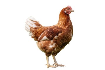 Fototapeta premium A single brown hen with white tipped tail feathers stands alert on a white background
