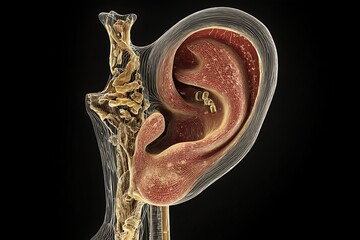 Anatomical model of the human ear showcasing intricate internal structures for medical education and detailed study of auditory system