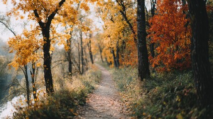 Obraz premium Pathway Through Vibrant Autumn Forest With Golden And Red Foliage. Serene Nature Walk In Fall Season