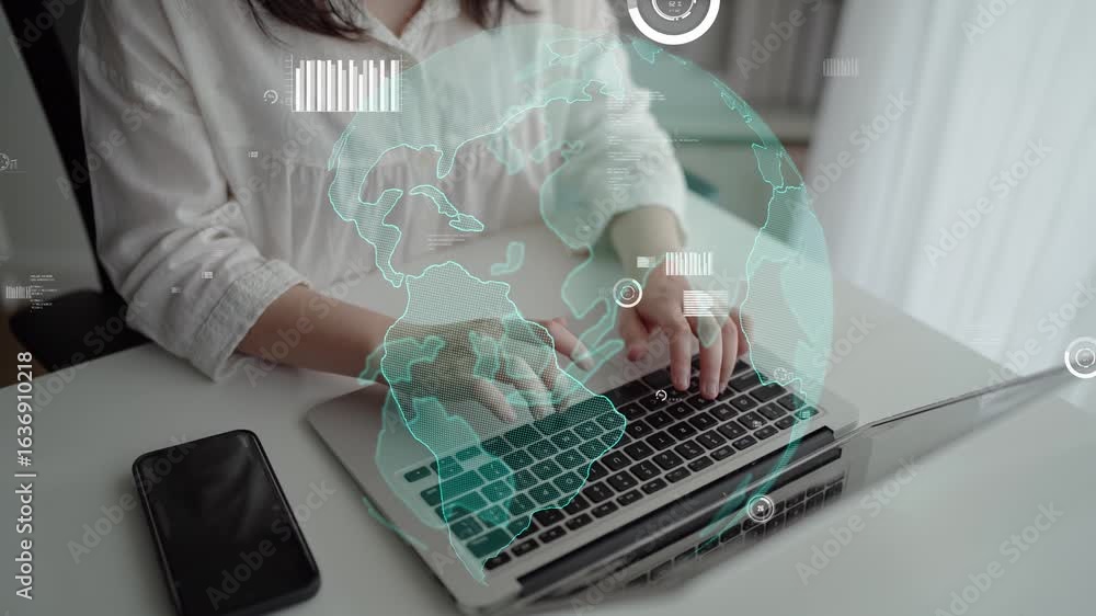 Poster a person types on a laptop in a modern workspace, featuring a digital world map overlay and data gra
