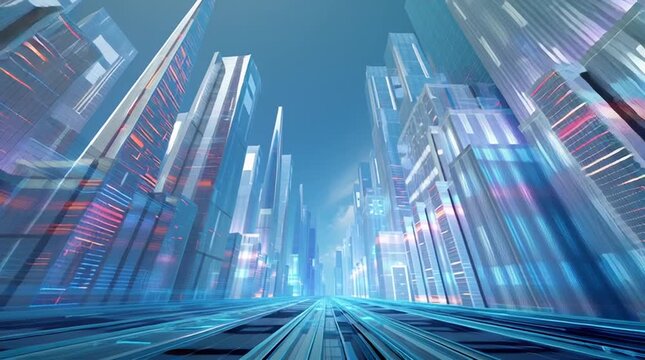A slow cinematic pan across a futuristic digital city made of glowing neon holograms, with skyscrapers, floating data streams, and cyberpunk-inspired colors.
