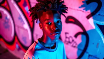 Confident teenager in skate park with graffiti