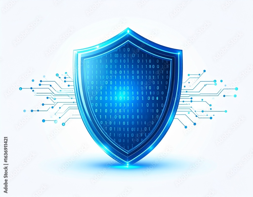 Poster a glowing blue digital shield, filled with binary code, is flanked by circuit board pathways, symbol