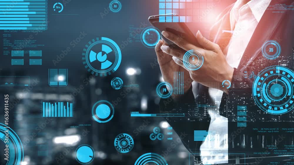 Poster a business professional interacts with a smartphone in an urban setting, enhanced by digital charts 