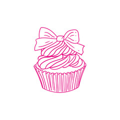 Hand-drawn illustration of a cupcake and , cute line art drawings, for birthday menus, bakery, pastry posters, cards, and graphic design.
