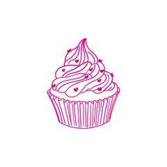 Hand-drawn illustration of a cupcake and , cute line art drawings, for birthday menus, bakery, pastry posters, cards, and graphic design.