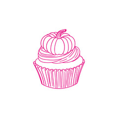 Hand-drawn illustration of a Halloween cupcake, cute line art drawings, for birthday menus, bakery, pastry, posters, cards, and graphic design.