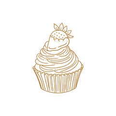 Hand-drawn illustration of a cupcake, cute lineart style drawings, for birthday menus, bakery, pastry shop posters, cards, and graphic design.