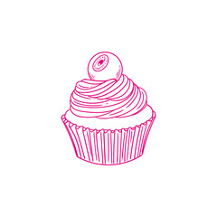 Hand-drawn illustration of a Halloween cupcake, cute line art drawings, for birthday menus, bakery, pastry, posters, cards, and graphic design.