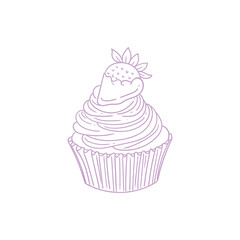 Hand-drawn illustration of a cupcake, cute lineart style drawings, for birthday menus, bakery, pastry shop posters, cards, and graphic design.